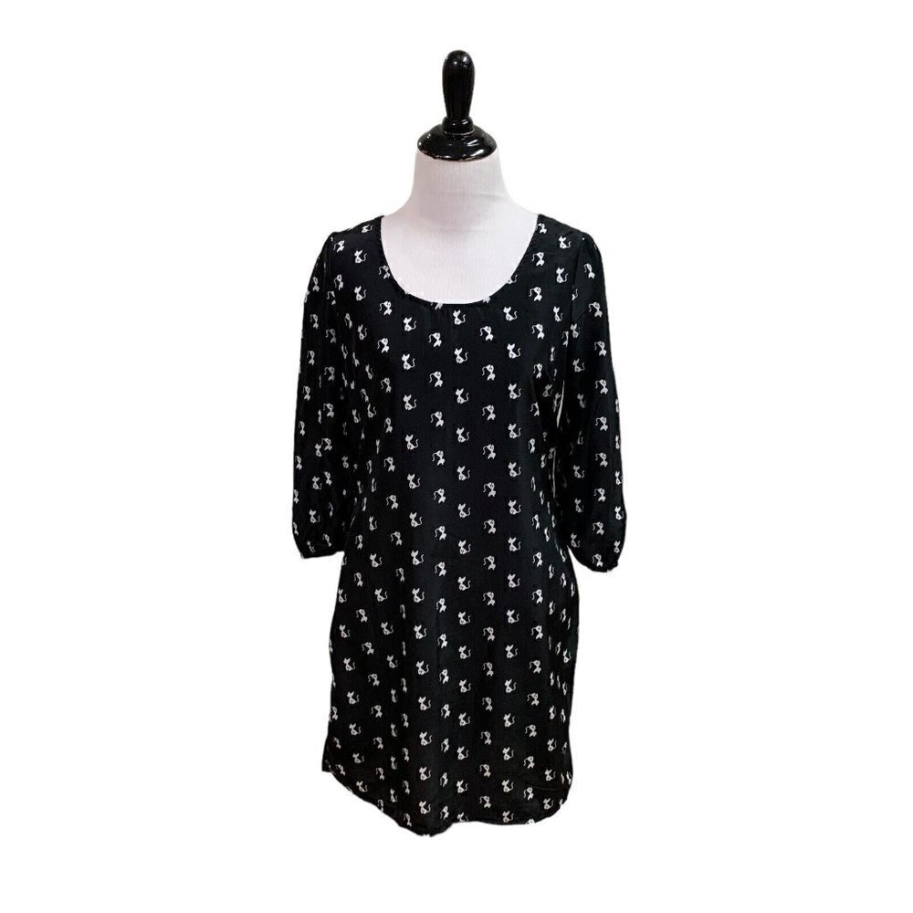 Rue 21 Women's S Small Mini Dress Cat Print Halloween 3/4 Sleeves Black